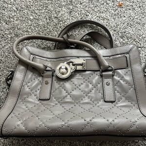 Michael Kors Satchel Handbag Mist Grey Leather Shoulder Bag Silver Hardware